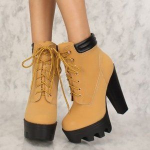 Almond Toe Lace-up Platform Chunky Heel Ankle Booties